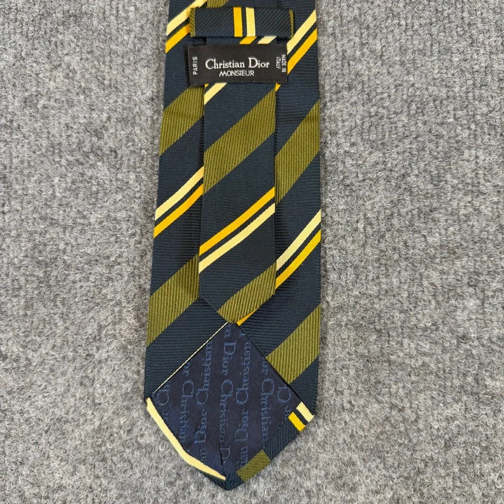 Christian Dior Monsieur Silk Tie Navy Blue Olive Green Yellow Striped Italy